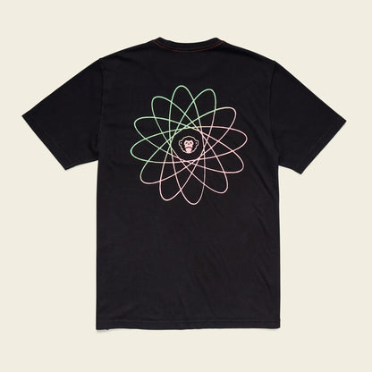 Black t-shirt with a circular design on the back against a beige background