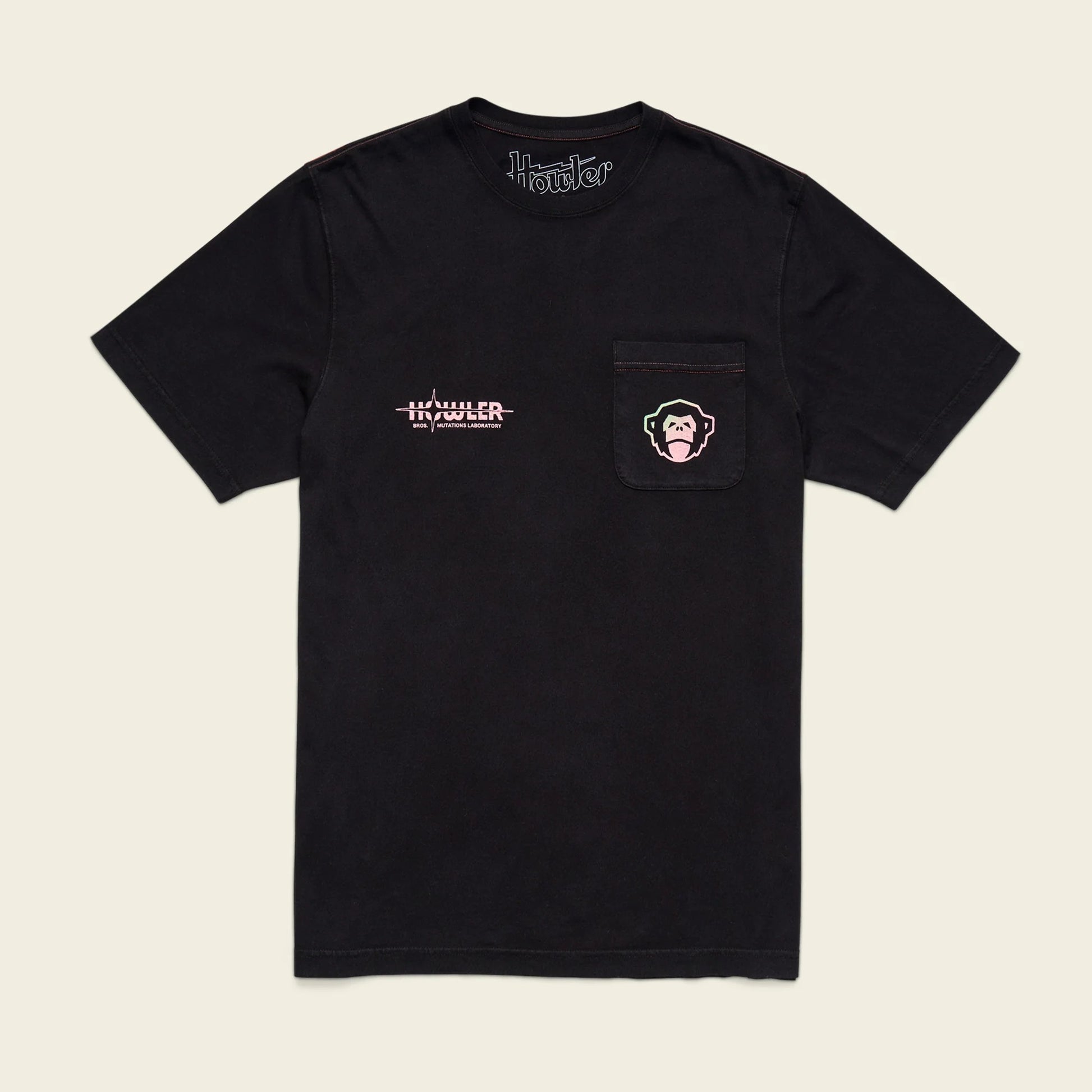 Black t-shirt with Howler Brothers logo on a beige background