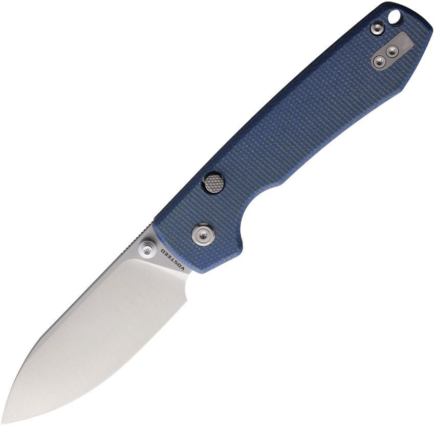 Folding knife with a blue handle on a white background
