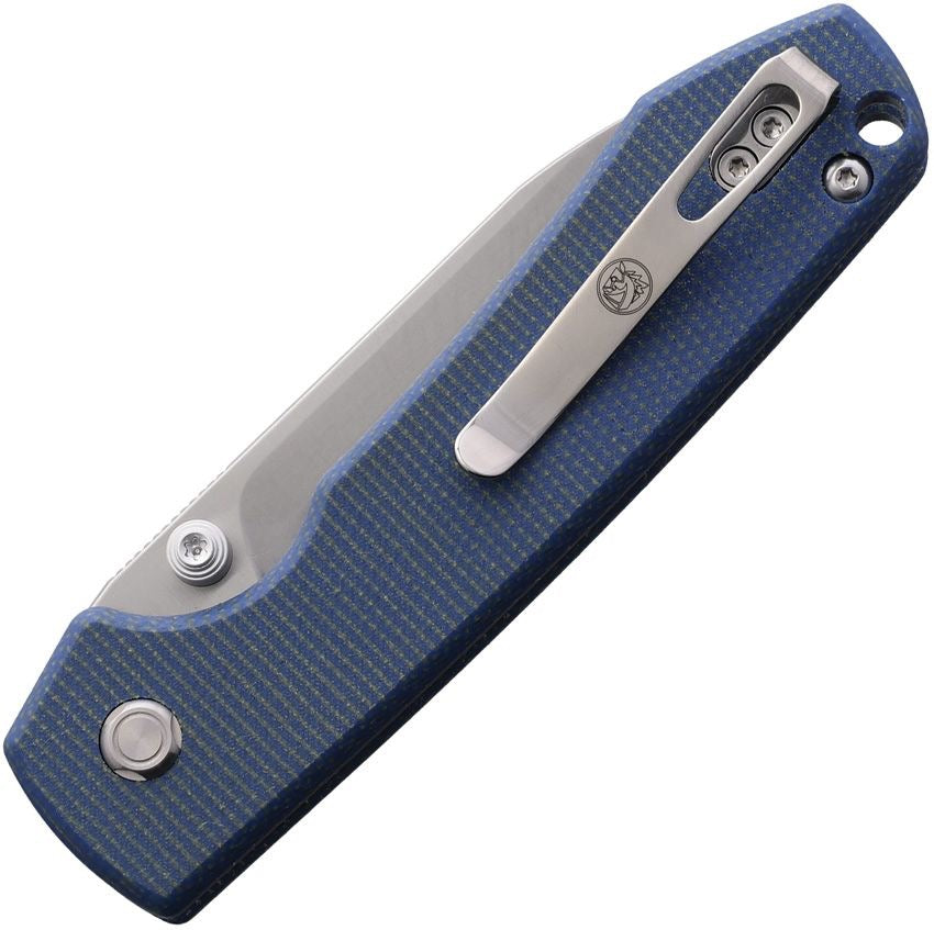 Folding knife with blue handle and silver blade on a white background