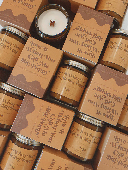 Jars and boxes with 'Love It When You Call Me Big Poppy' text on a matching brown background.