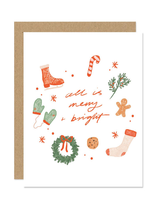 Hand-drawn Christmas "All is Merry + Bright" Card