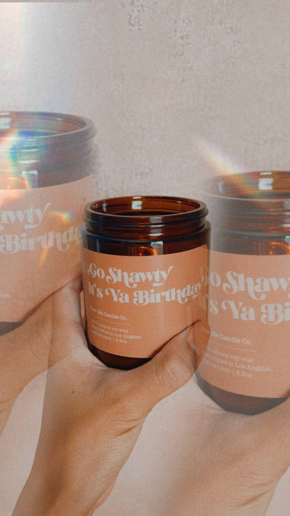 Three jars with 'Go Shawty It's Ya Birthday' text on a light background