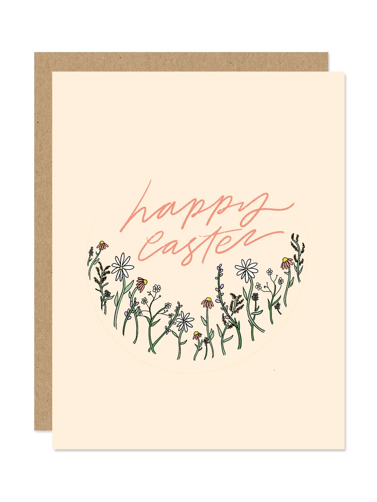 Greeting card with 'Happy Easter' text and floral design on a beige background