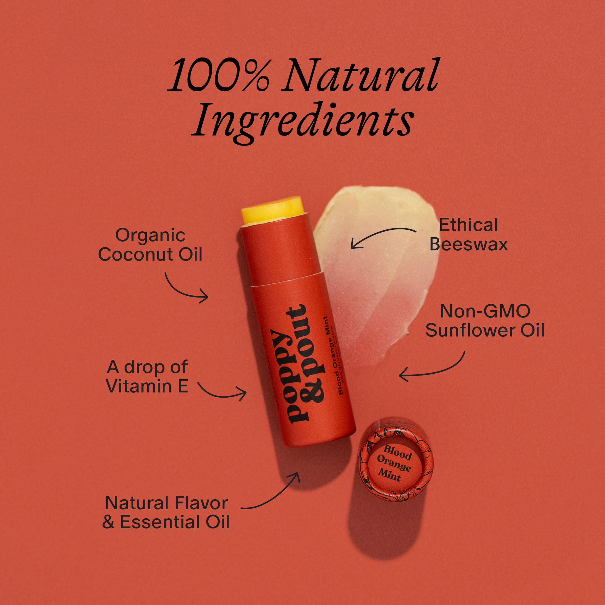 Lip balm with labeled natural ingredients on a red background