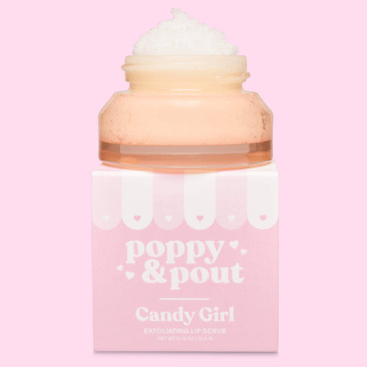 Cosmetic product with 'poppy & pout' branding on a pink background
